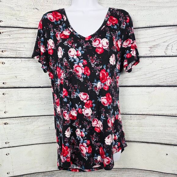 Maurices 24/7 Floral Print Black Short Sleeve V-Neck Tee Size L - Picture 1 of 7